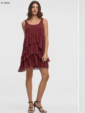 Tiered Ruffle Sleeveless Dress in Burgundy Reitmans XXL